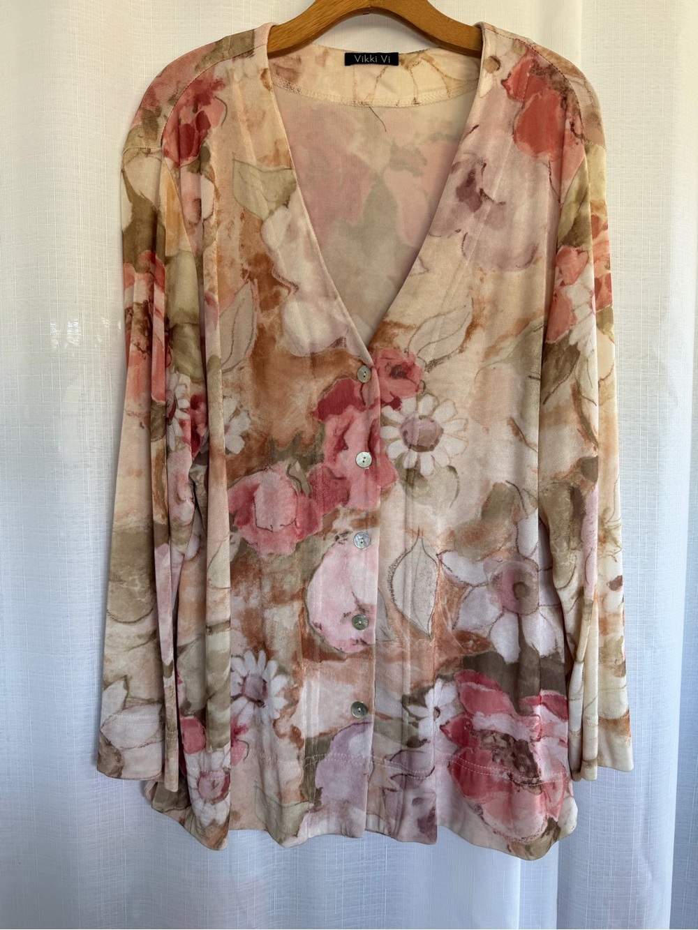 Vikki Vi 1X Floral Longline Cardigan Blouse Pink Brown Watercolor Button Front
